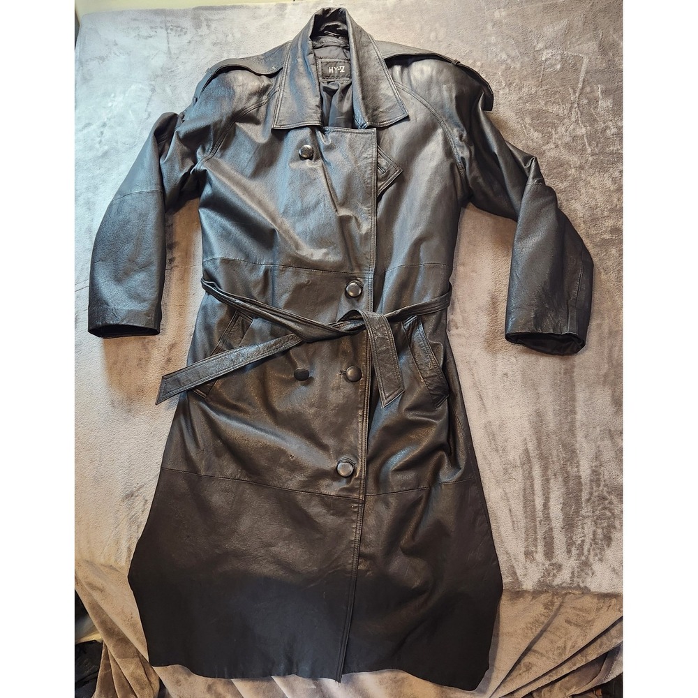 Hy-V Trench Coat Mens Large Black Leather Double Breasted Belted Hy-5 Vintage
